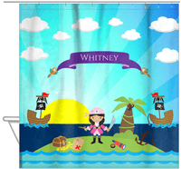 Thumbnail for Personalized Pirate Shower Curtain XVI - Blue Background - Black Hair Girl with Sword - Hanging View