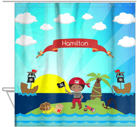 Thumbnail for Personalized Pirate Shower Curtain XVII - Blue Background - Black Boy with Flag - Hanging View