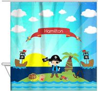 Thumbnail for Personalized Pirate Shower Curtain XVII - Blue Background - Black Hair Boy with Flag - Hanging View
