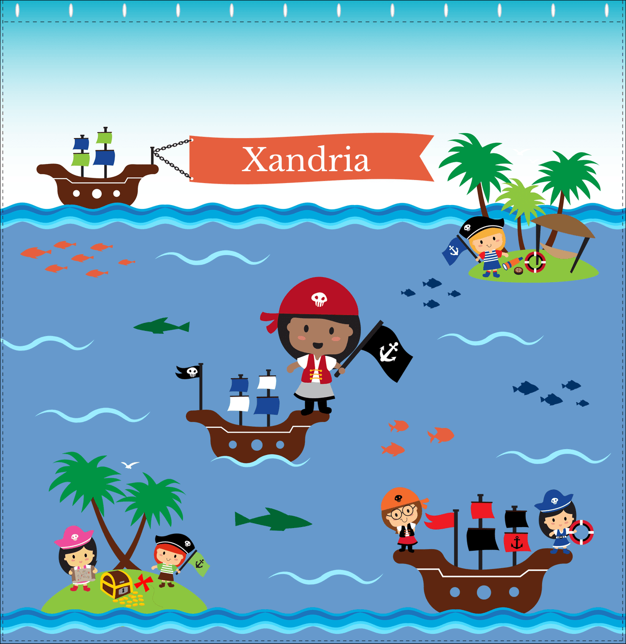 Personalized Pirate Shower Curtain XIX - Blue Background - Black Girl - Decorate View