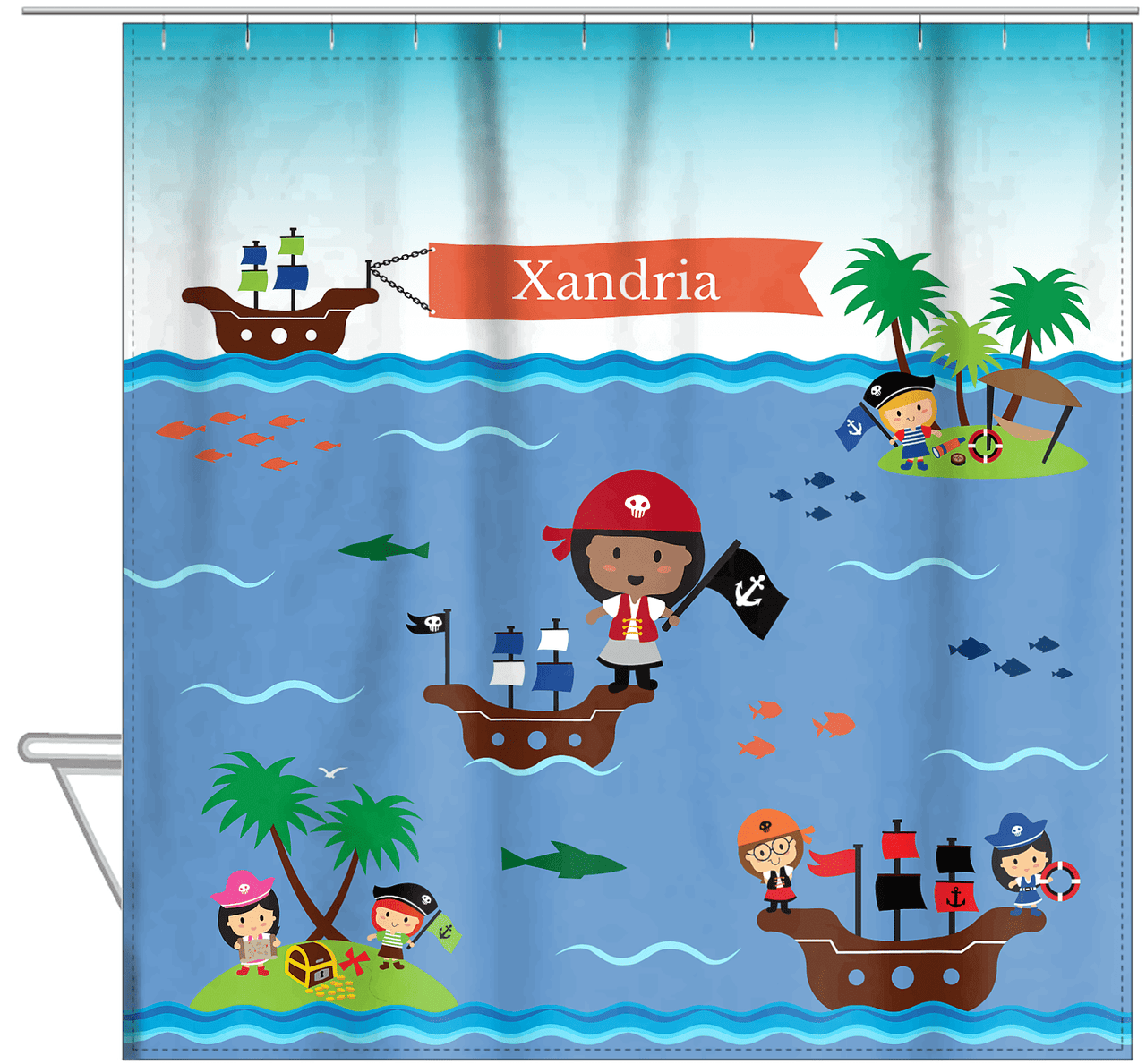 Personalized Pirate Shower Curtain XIX - Blue Background - Black Girl - Hanging View