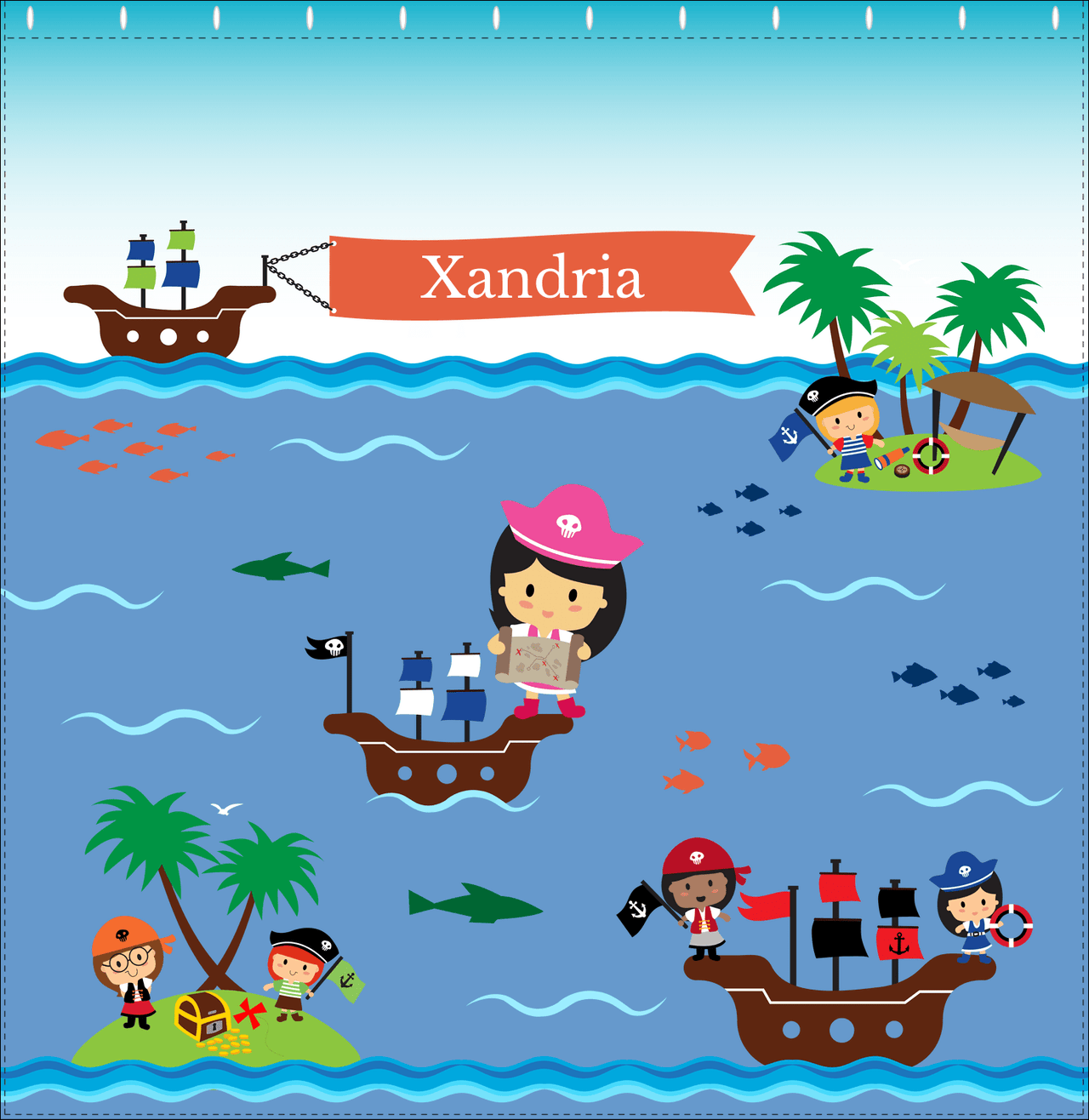 Personalized Pirate Shower Curtain XIX - Blue Background - Asian Girl - Decorate View