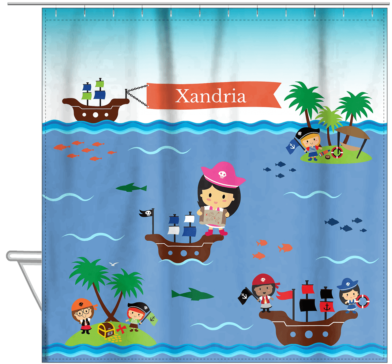 Personalized Pirate Shower Curtain XIX - Blue Background - Asian Girl - Hanging View