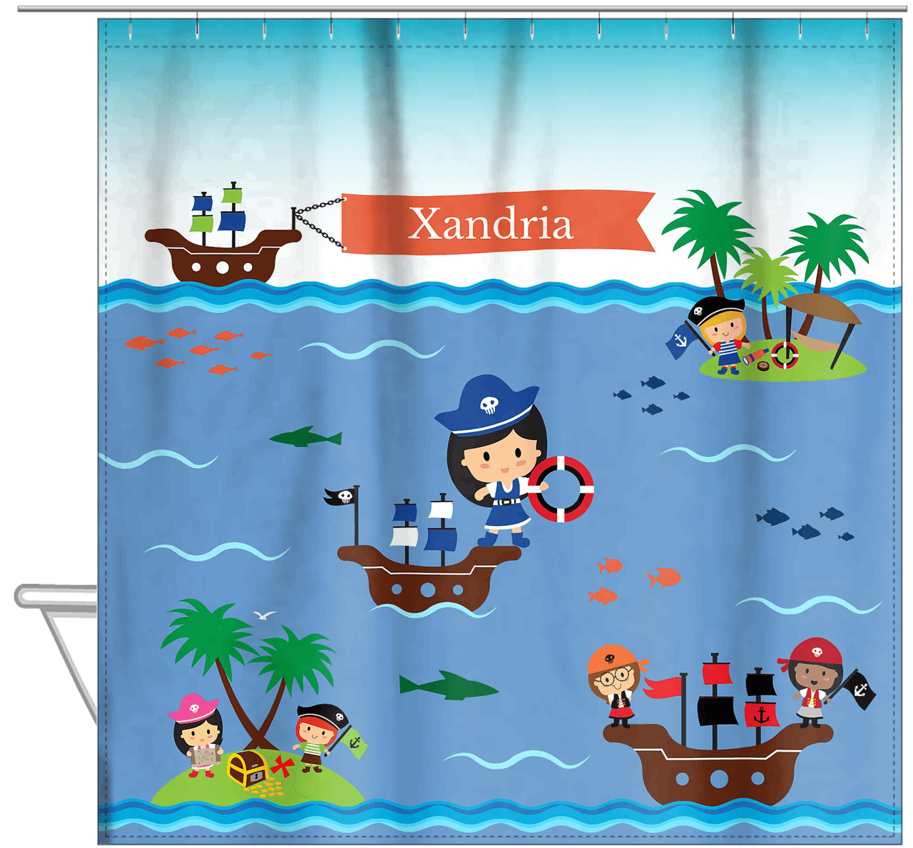 Personalized Pirate Shower Curtain XIX - Blue Background - Black Hair Girl - Hanging View