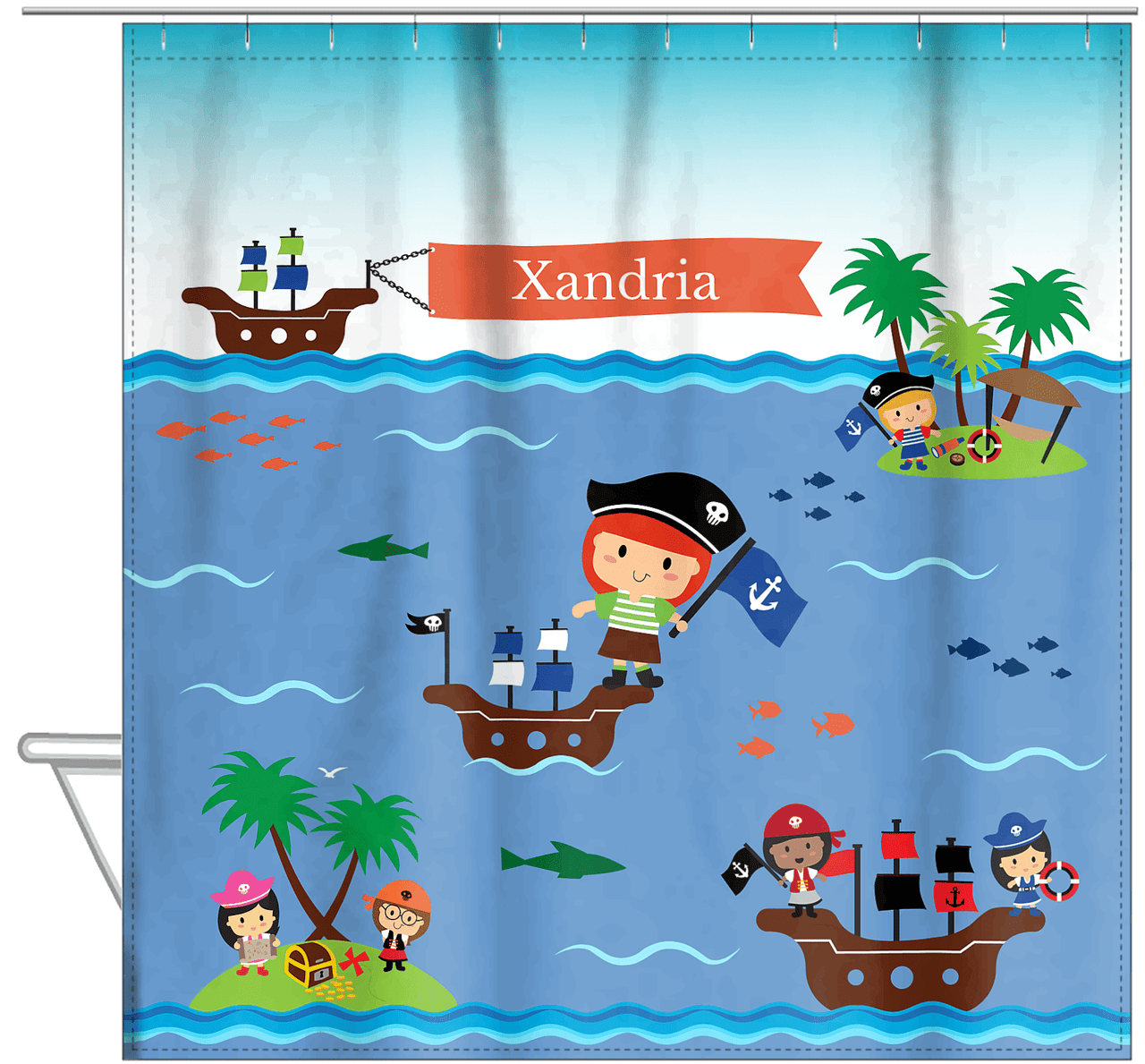 Personalized Pirate Shower Curtain XIX - Blue Background - Redhead Girl - Hanging View