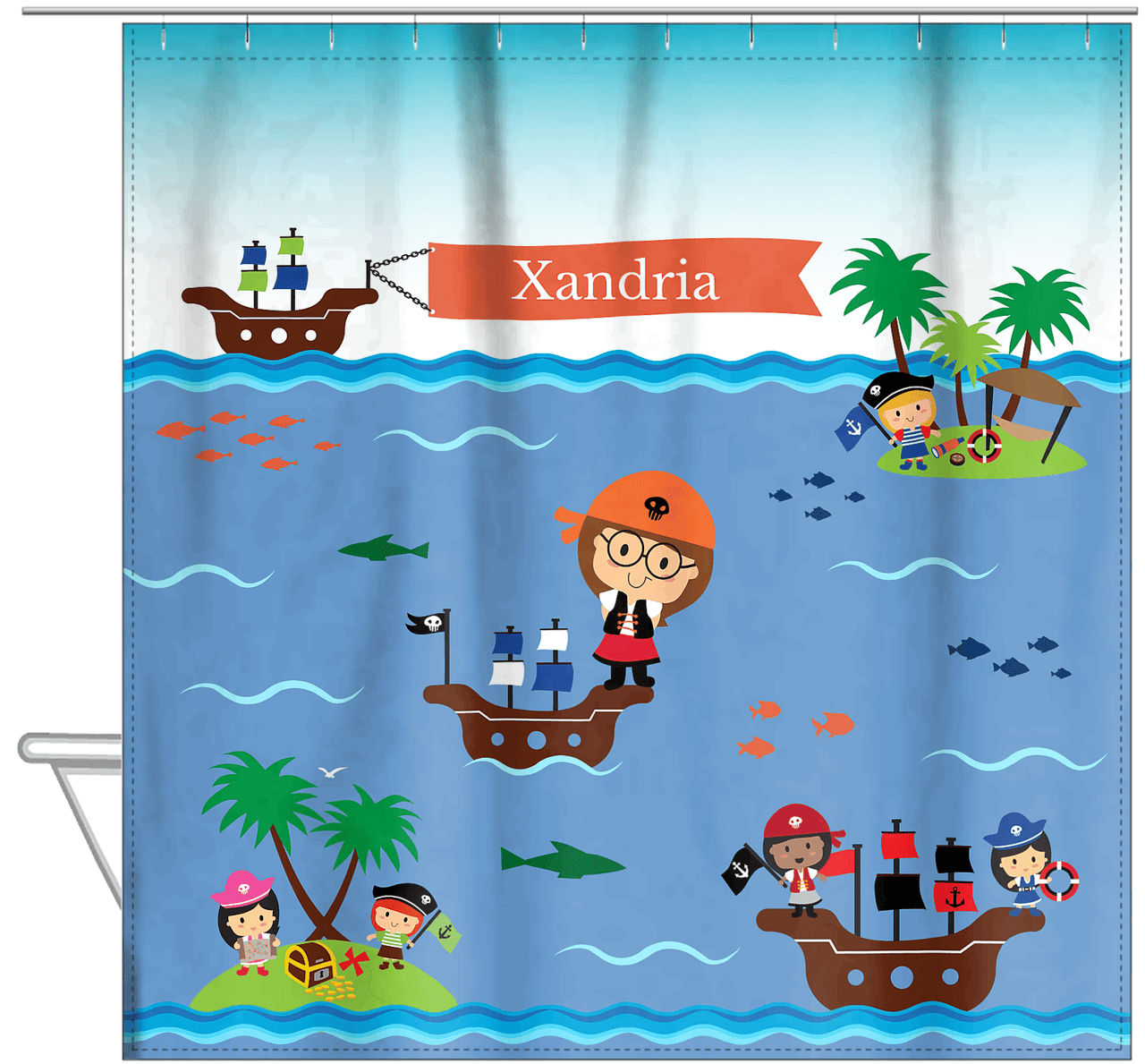 Personalized Pirate Shower Curtain XIX - Blue Background - Brunette Girl - Hanging View