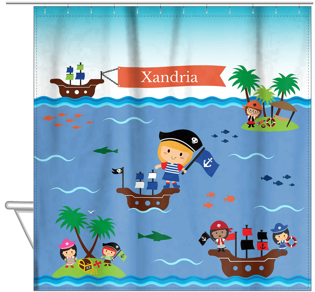 Personalized Pirate Shower Curtain XIX - Blue Background - Blonde Girl - Hanging View