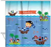 Thumbnail for Personalized Pirate Shower Curtain XIX - Blue Background - Blonde Girl - Hanging View