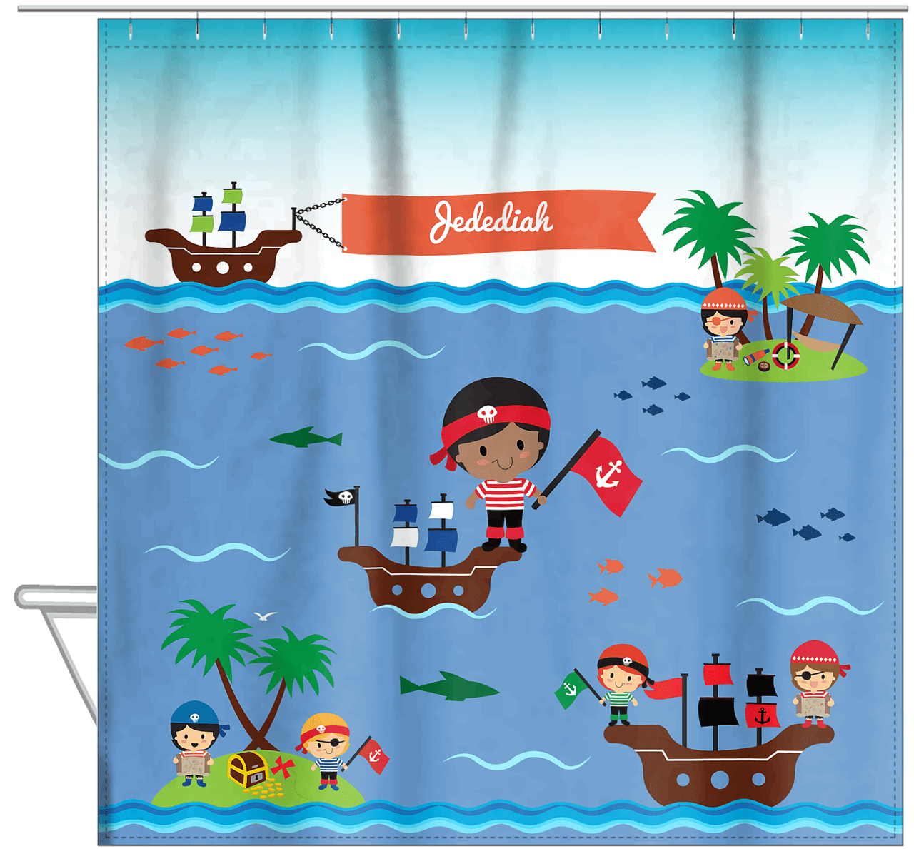 Personalized Pirate Shower Curtain XX - Blue Background - Black Boy - Hanging View