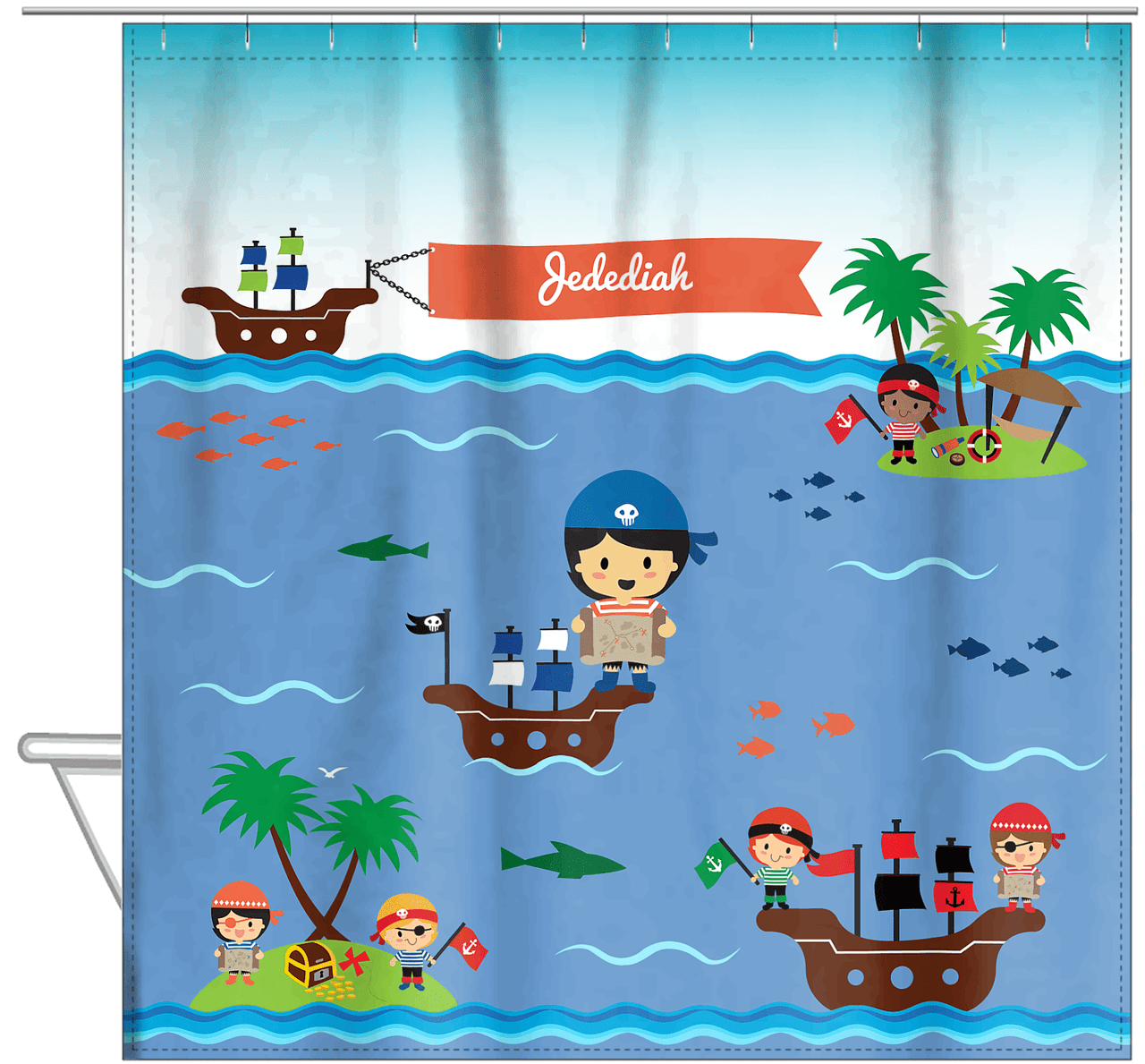Personalized Pirate Shower Curtain XX - Blue Background - Asian Boy - Hanging View