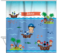 Thumbnail for Personalized Pirate Shower Curtain XX - Blue Background - Asian Boy - Hanging View