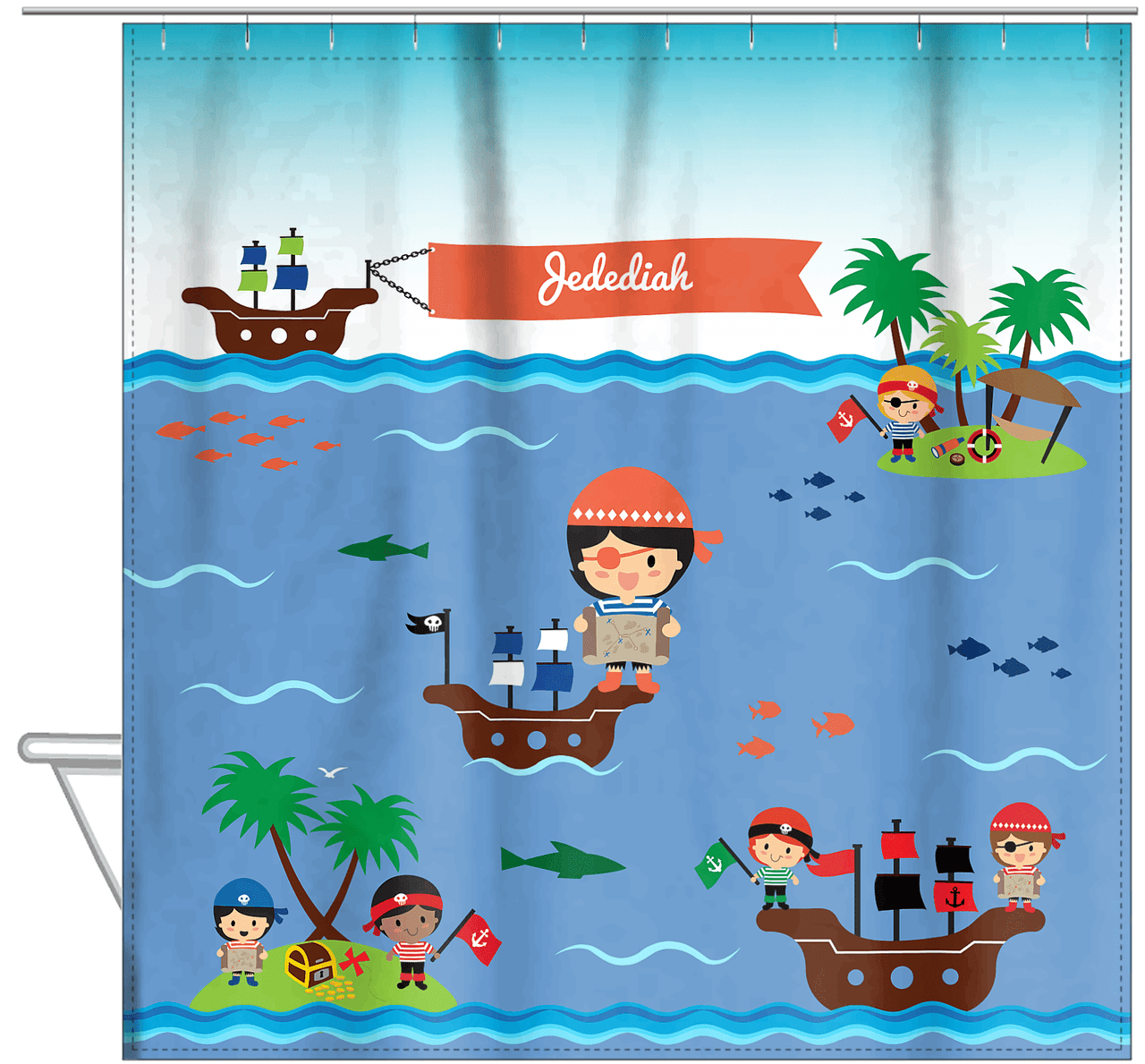 Personalized Pirate Shower Curtain XX - Blue Background - Black Hair Boy - Hanging View