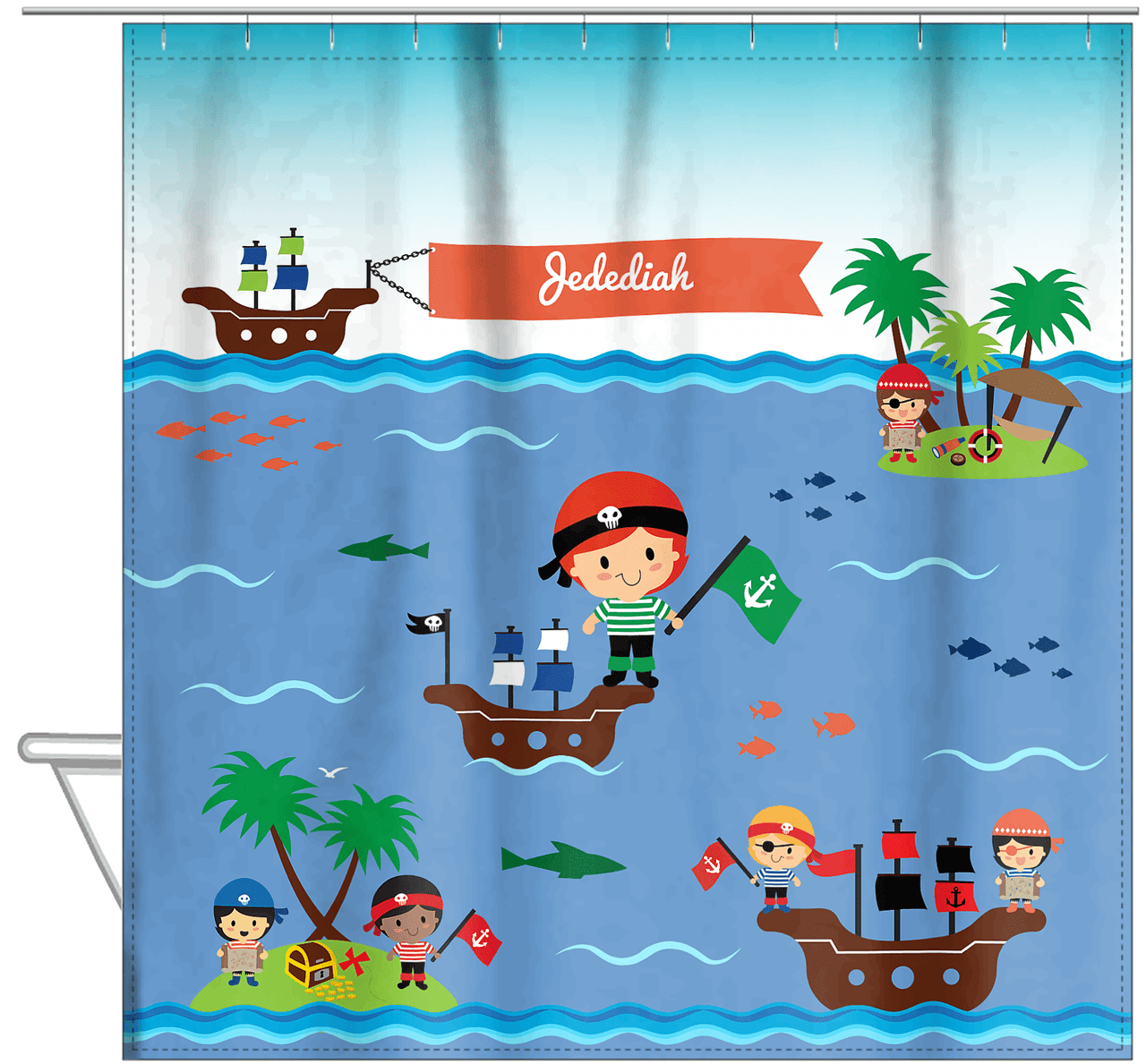 Personalized Pirate Shower Curtain XX - Blue Background - Redhead Boy - Hanging View