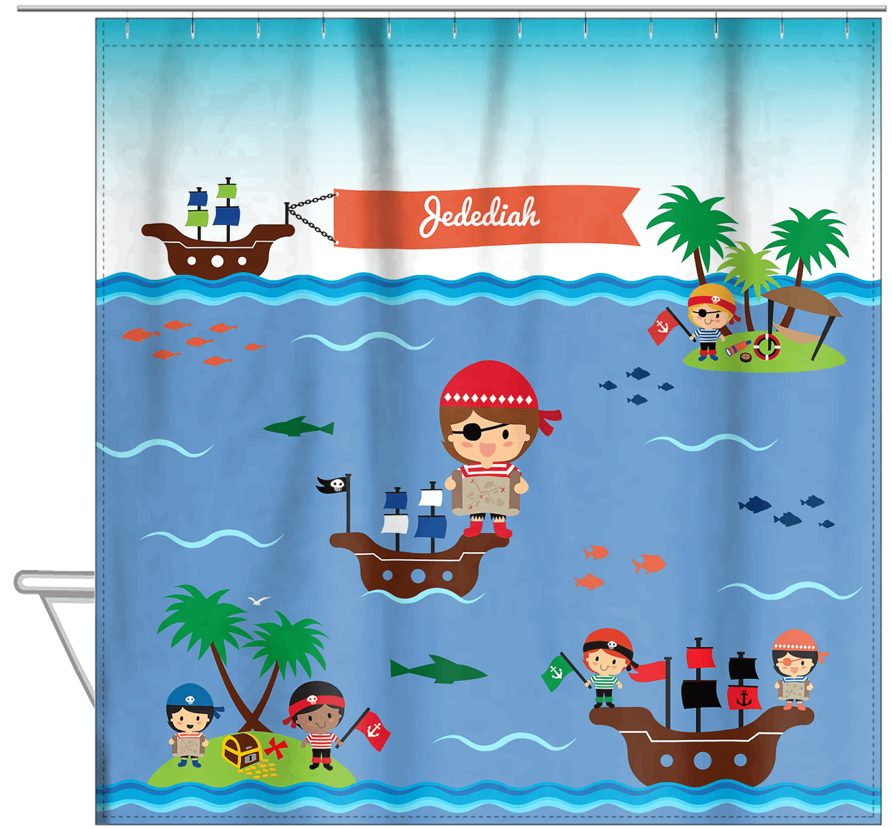 Personalized Pirate Shower Curtain XX - Blue Background - Brown Hair Boy - Hanging View