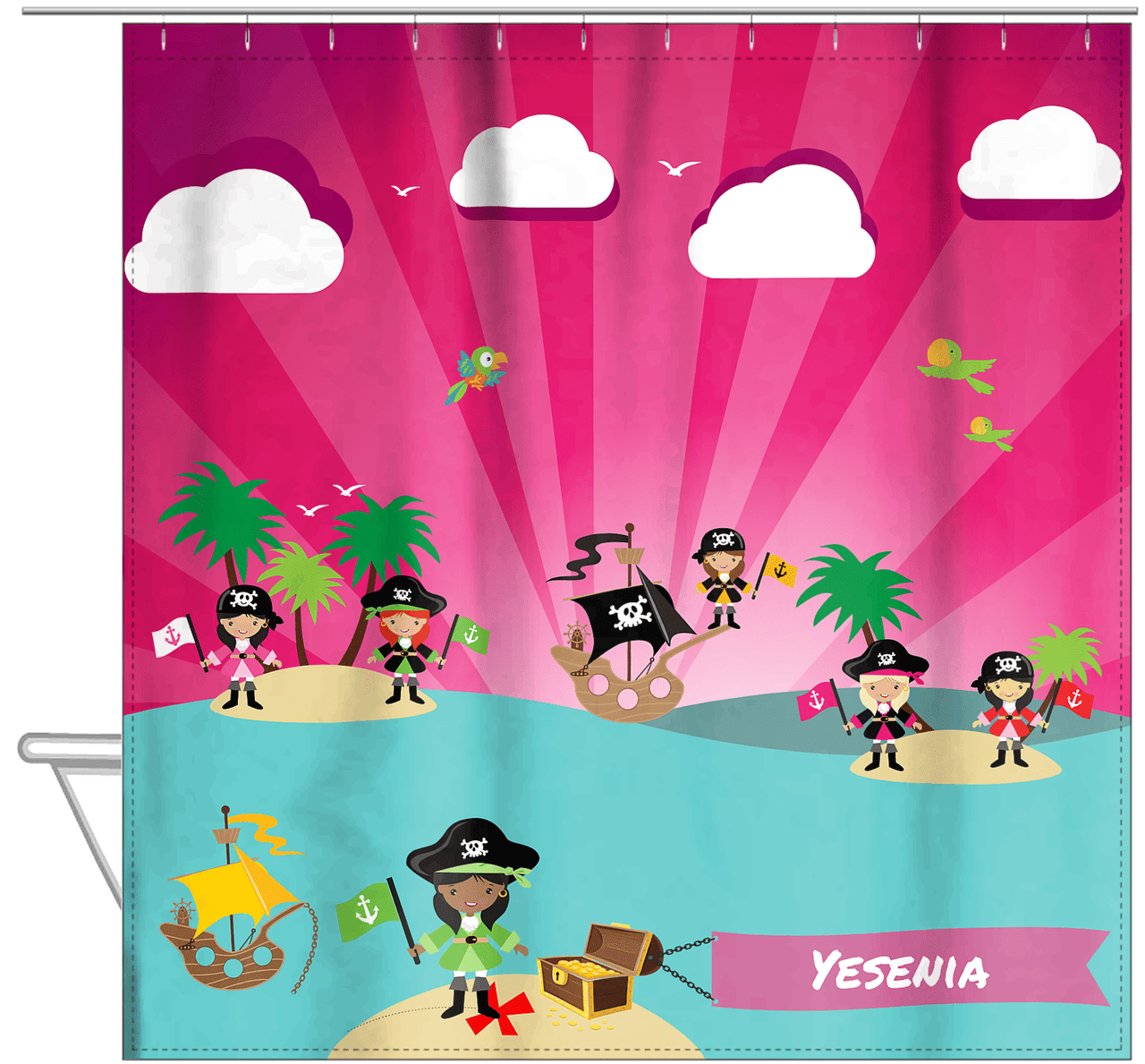 Personalized Pirate Shower Curtain XXI - Pink Background - Black Girl with Flag - Hanging View