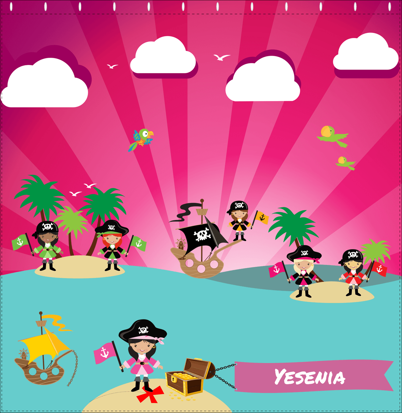 Personalized Pirate Shower Curtain XXI - Pink Background - Black Hair Girl with Flag - Decorate View
