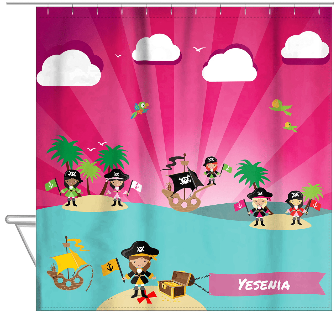 Personalized Pirate Shower Curtain XXI - Pink Background - Brunette Girl with Flag - Hanging View
