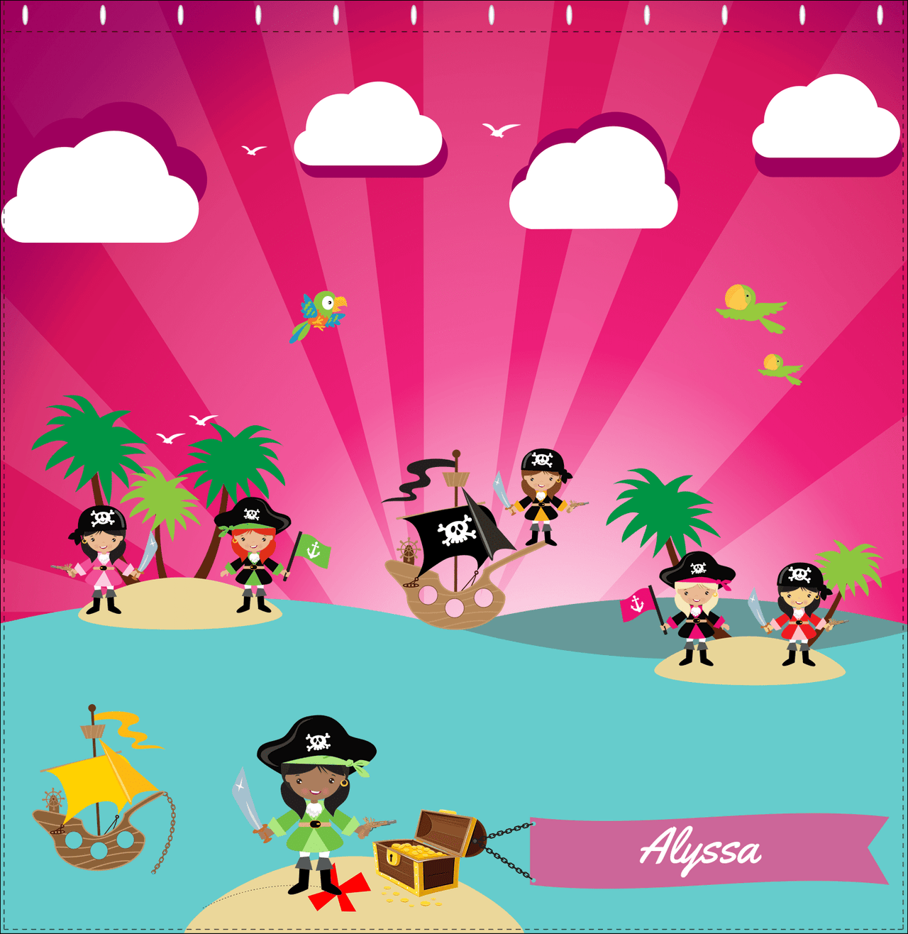 Personalized Pirate Shower Curtain XXII - Pink Background - Black Girl with Sword - Decorate View