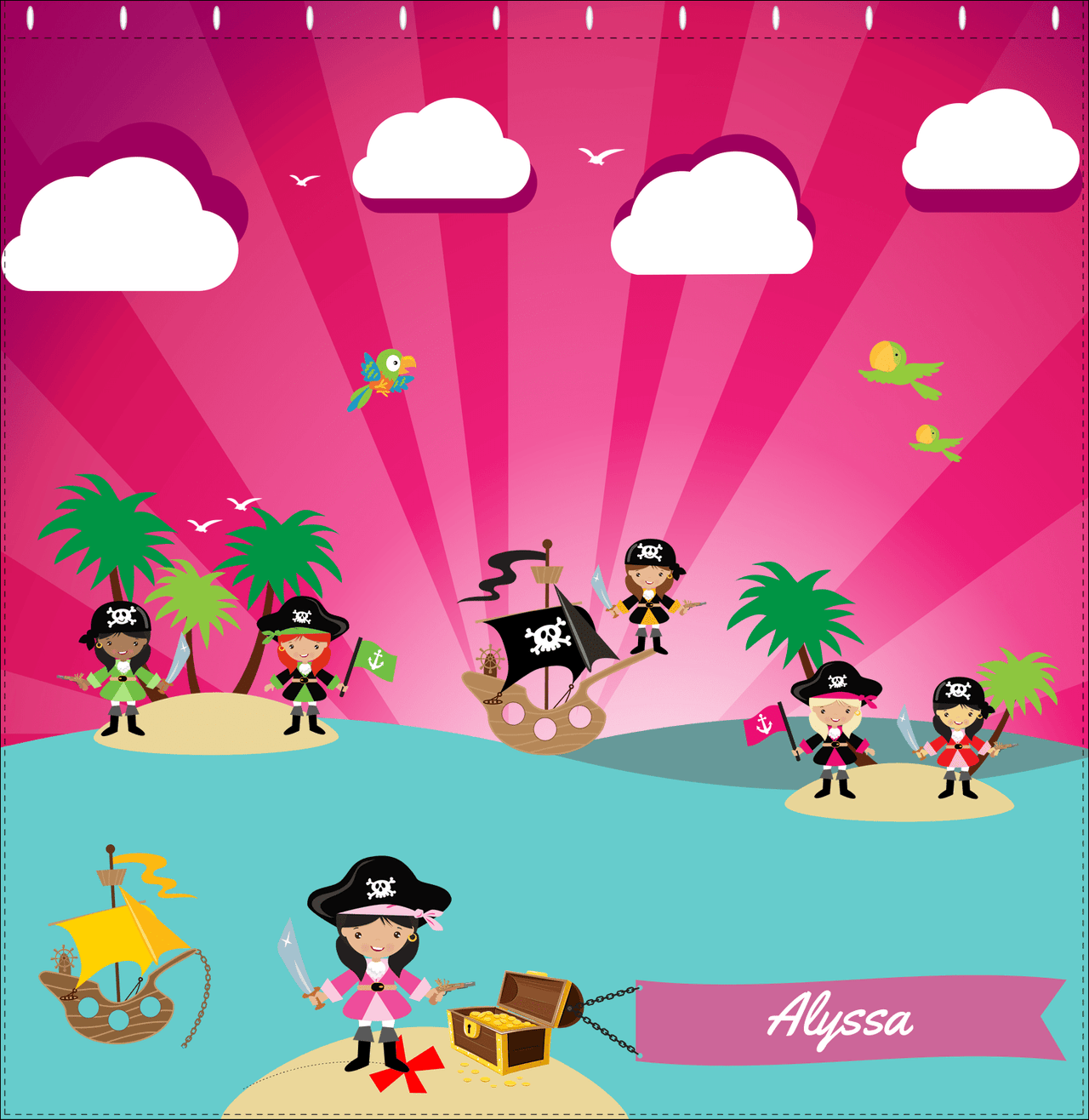 Personalized Pirate Shower Curtain XXII - Pink Background - Black Hair Girl with Sword - Decorate View