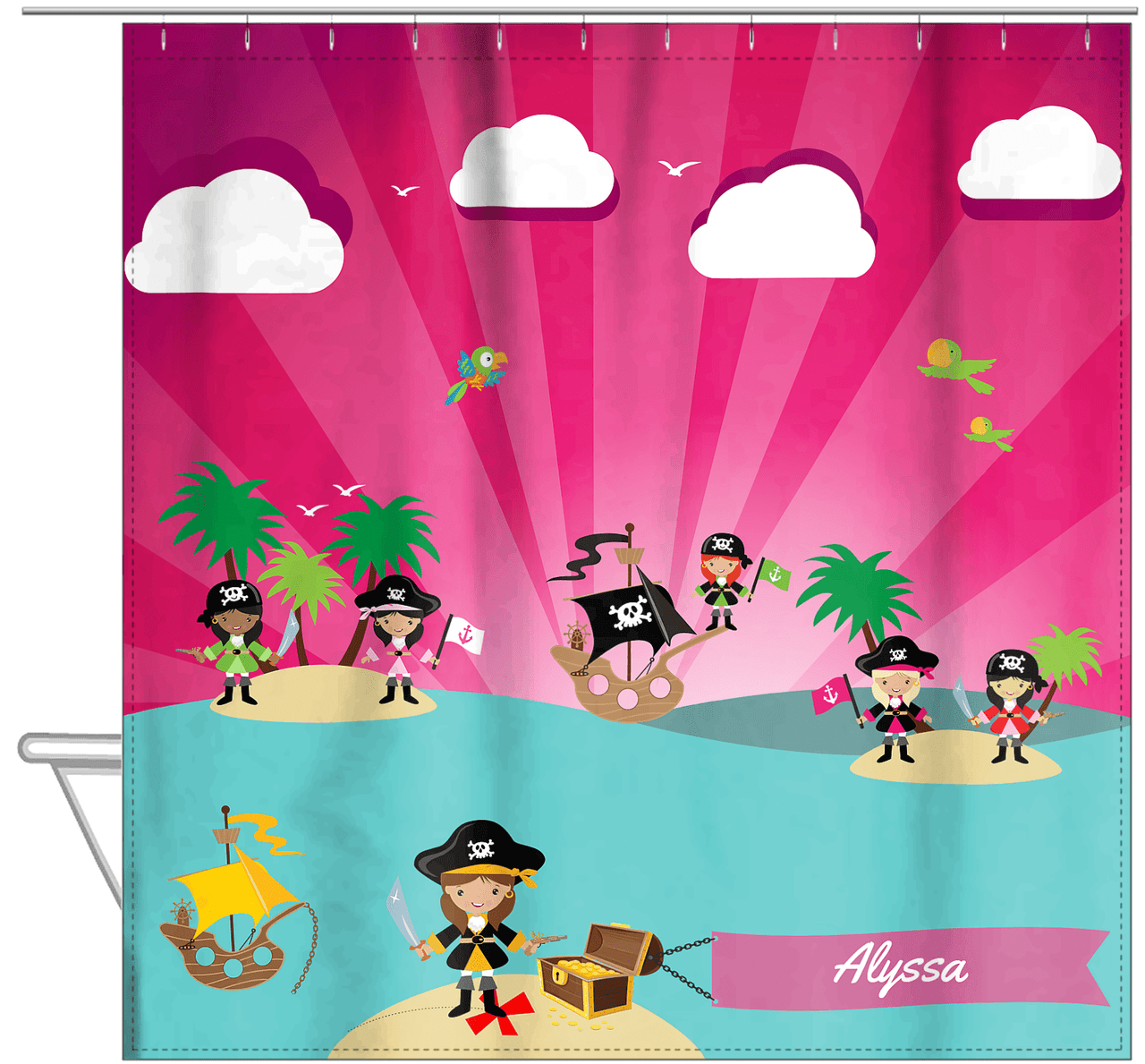 Personalized Pirate Shower Curtain XXII - Pink Background - Brunette Girl with Sword - Hanging View