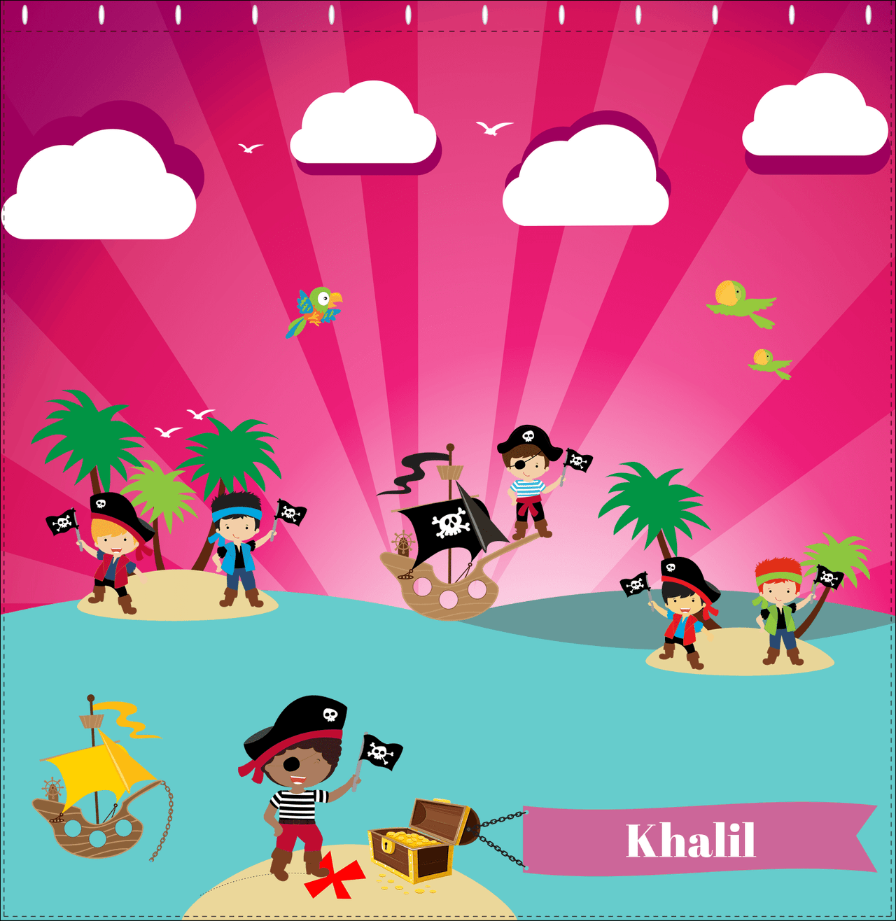 Personalized Pirate Shower Curtain XXIII - Pink Background - Black Boy with Flag - Decorate View