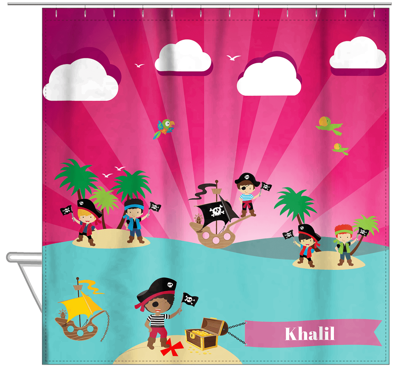 Personalized Pirate Shower Curtain XXIII - Pink Background - Black Boy with Flag - Hanging View