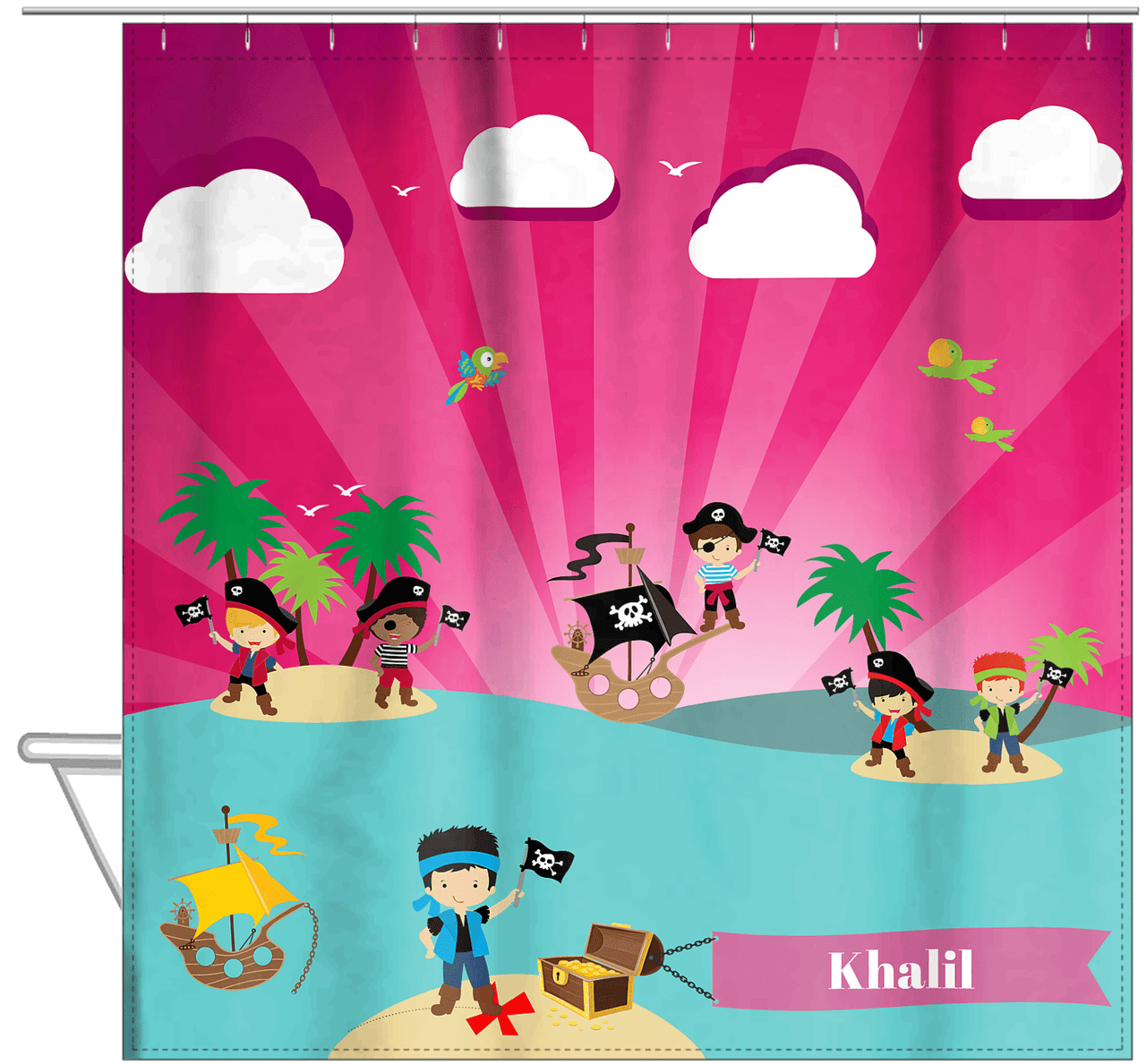 Personalized Pirate Shower Curtain XXIII - Pink Background - Black Hair Boy with Flag - Hanging View