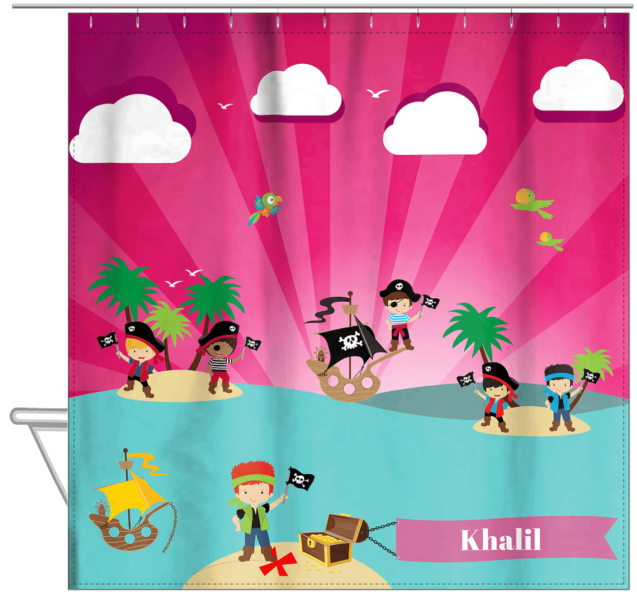 Personalized Pirate Shower Curtain XXIII - Pink Background - Redhead Boy with Flag - Hanging View