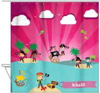 Thumbnail for Personalized Pirate Shower Curtain XXIII - Pink Background - Redhead Boy with Flag - Hanging View