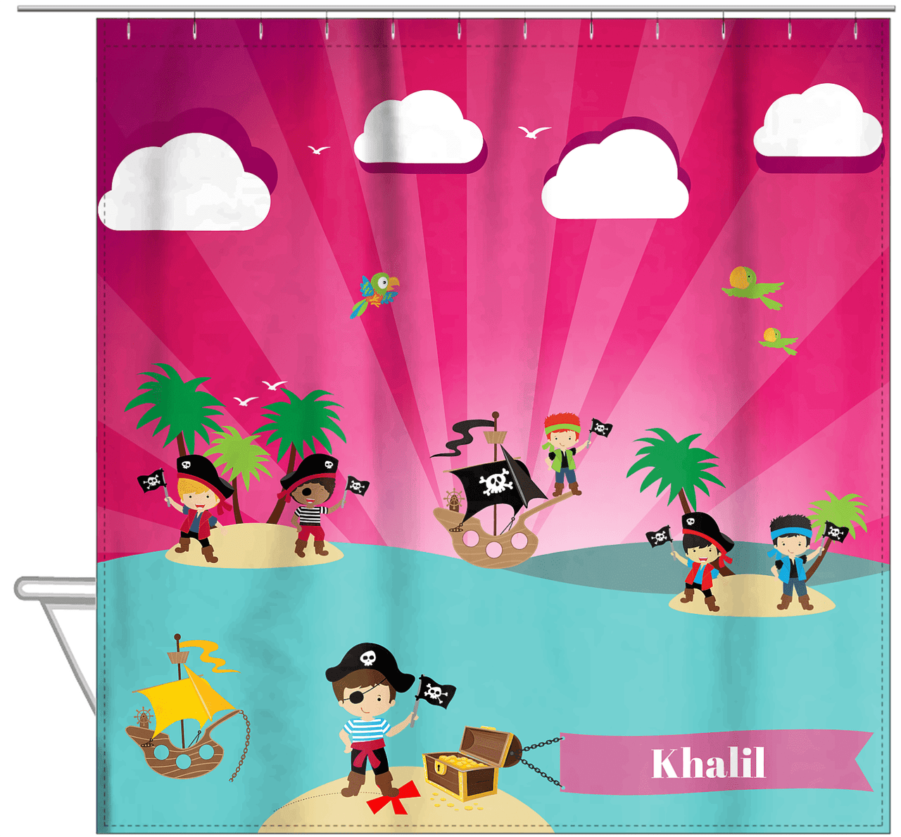 Personalized Pirate Shower Curtain XXIII - Pink Background - Brown Hair Boy with Flag - Hanging View