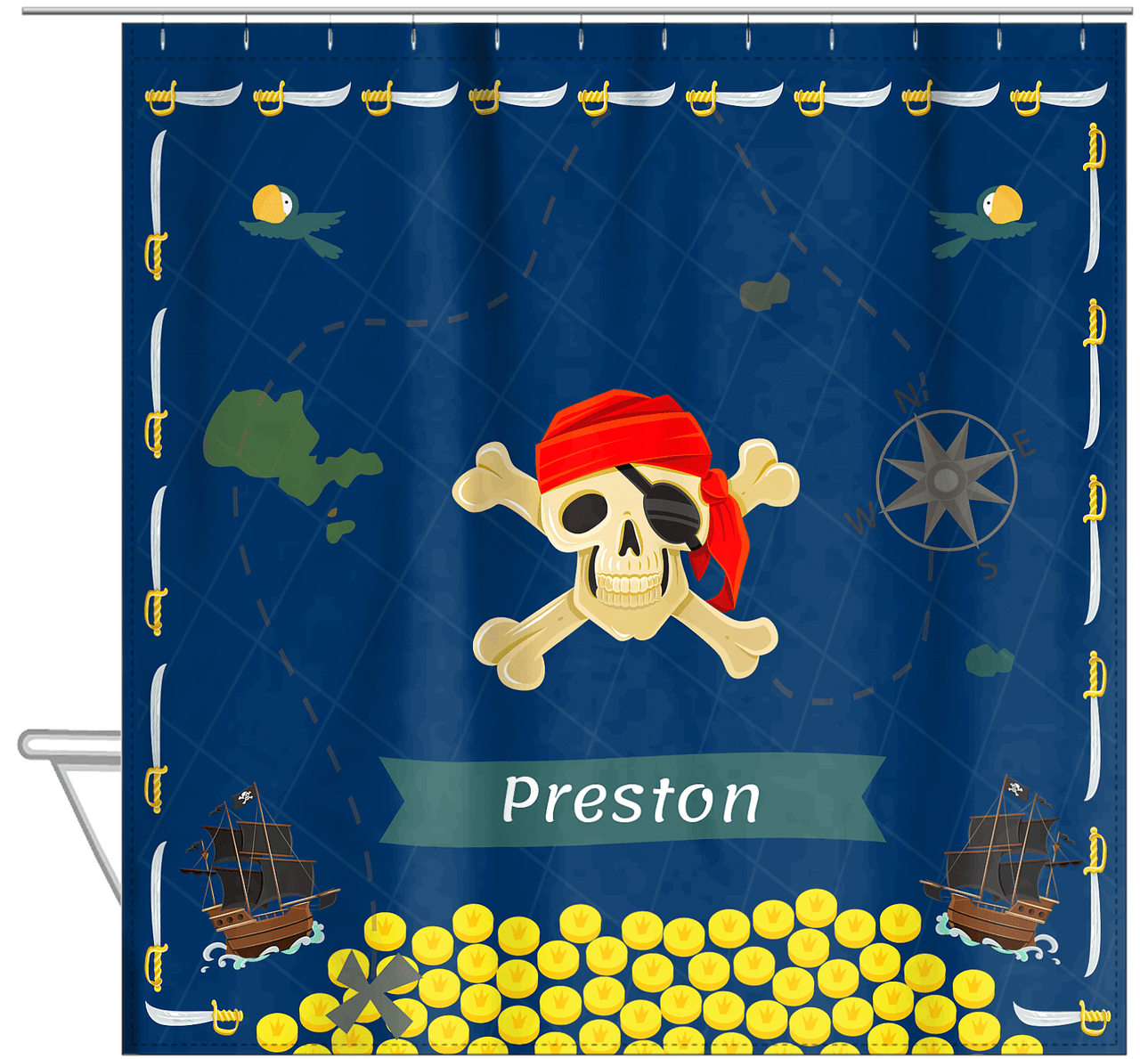 Personalized Pirate Shower Curtain XXVII - Blue Background - Red Bandana - Hanging View