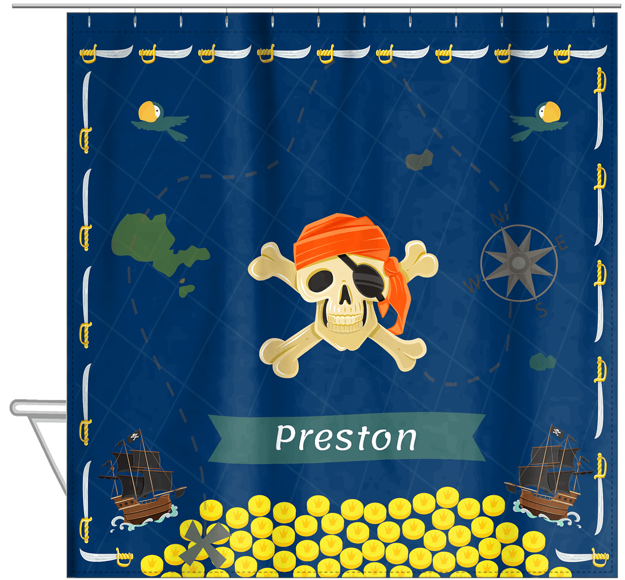 Personalized Pirate Shower Curtain XXVII - Blue Background - Orange Bandana - Hanging View