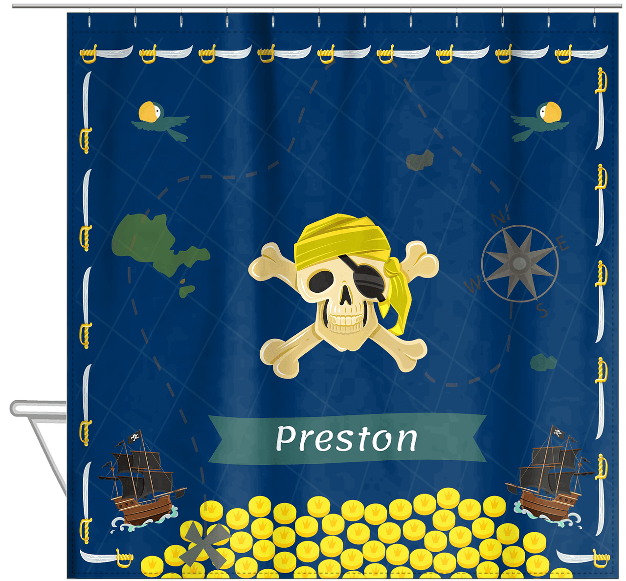 Personalized Pirate Shower Curtain XXVII - Blue Background - Yellow Bandana - Hanging View