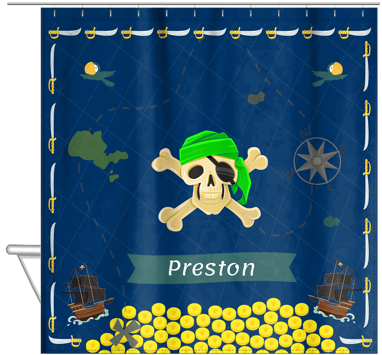 Personalized Pirate Shower Curtain XXVII - Blue Background - Green Bandana - Hanging View