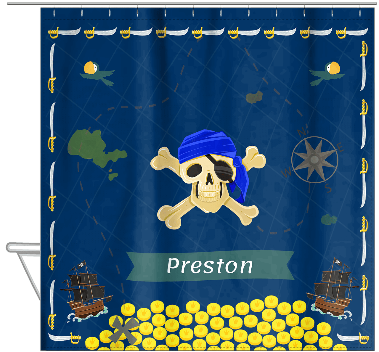Personalized Pirate Shower Curtain XXVII - Blue Background - Blue Bandana - Hanging View
