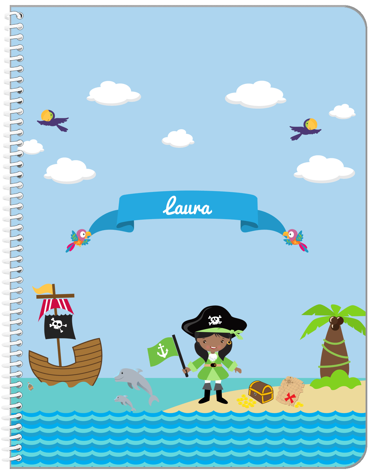 Personalized Pirate Notebook I - Girl Pirate with Flag - Black Girl - Front View