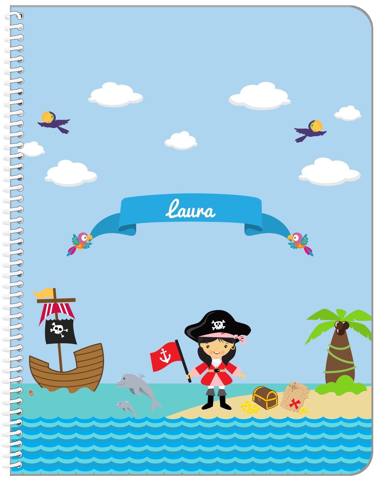 Personalized Pirate Notebook I - Girl Pirate with Flag - Asian Girl - Front View