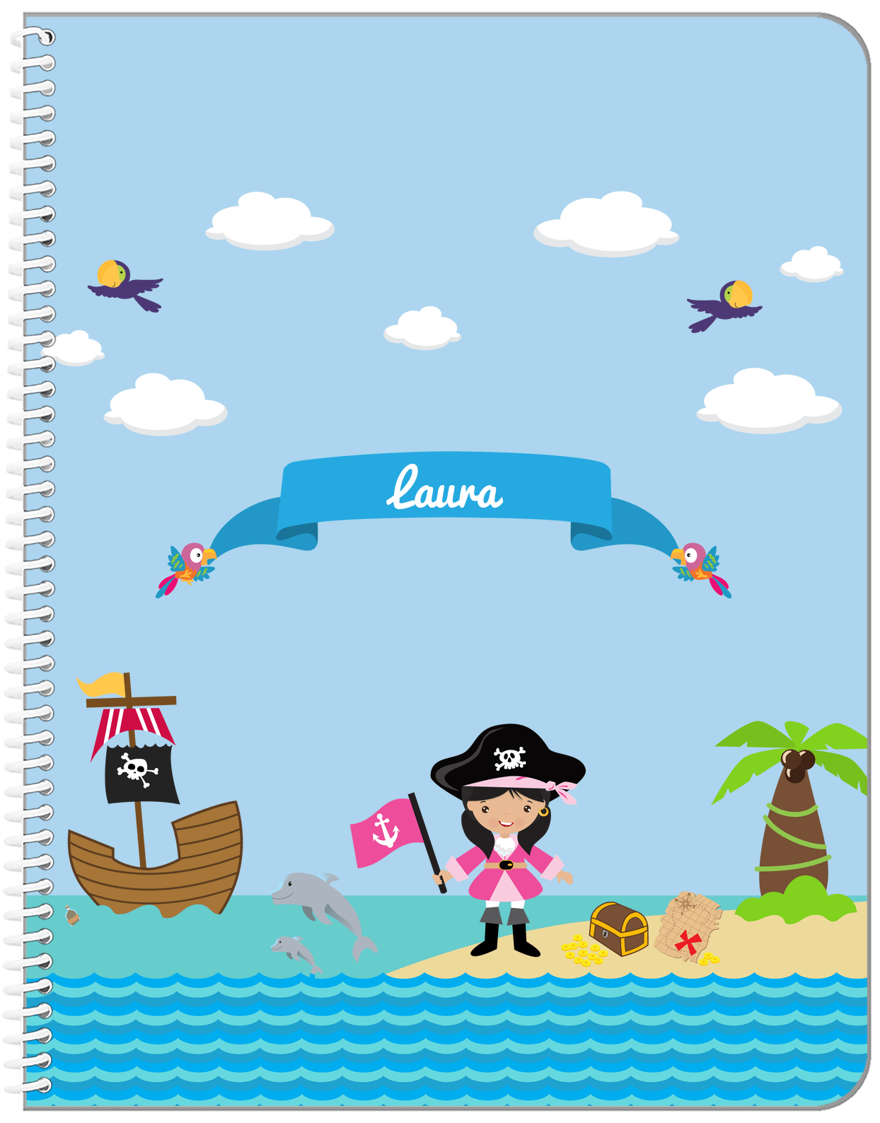 Personalized Pirate Notebook I - Girl Pirate with Flag - Black Hair Girl - Front View