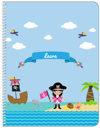 Thumbnail for Personalized Pirate Notebook I - Girl Pirate with Flag - Black Hair Girl - Front View
