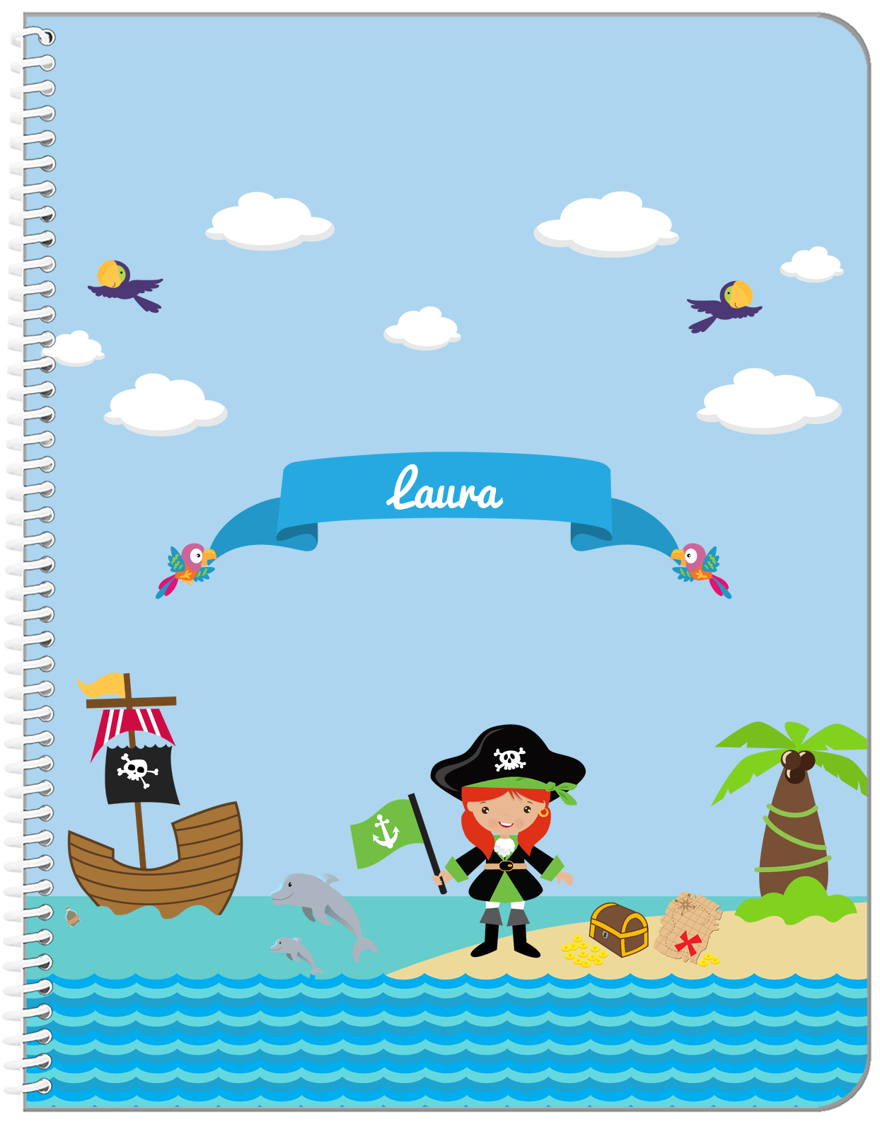 Personalized Pirate Notebook I - Girl Pirate with Flag - Redhead Girl - Front View