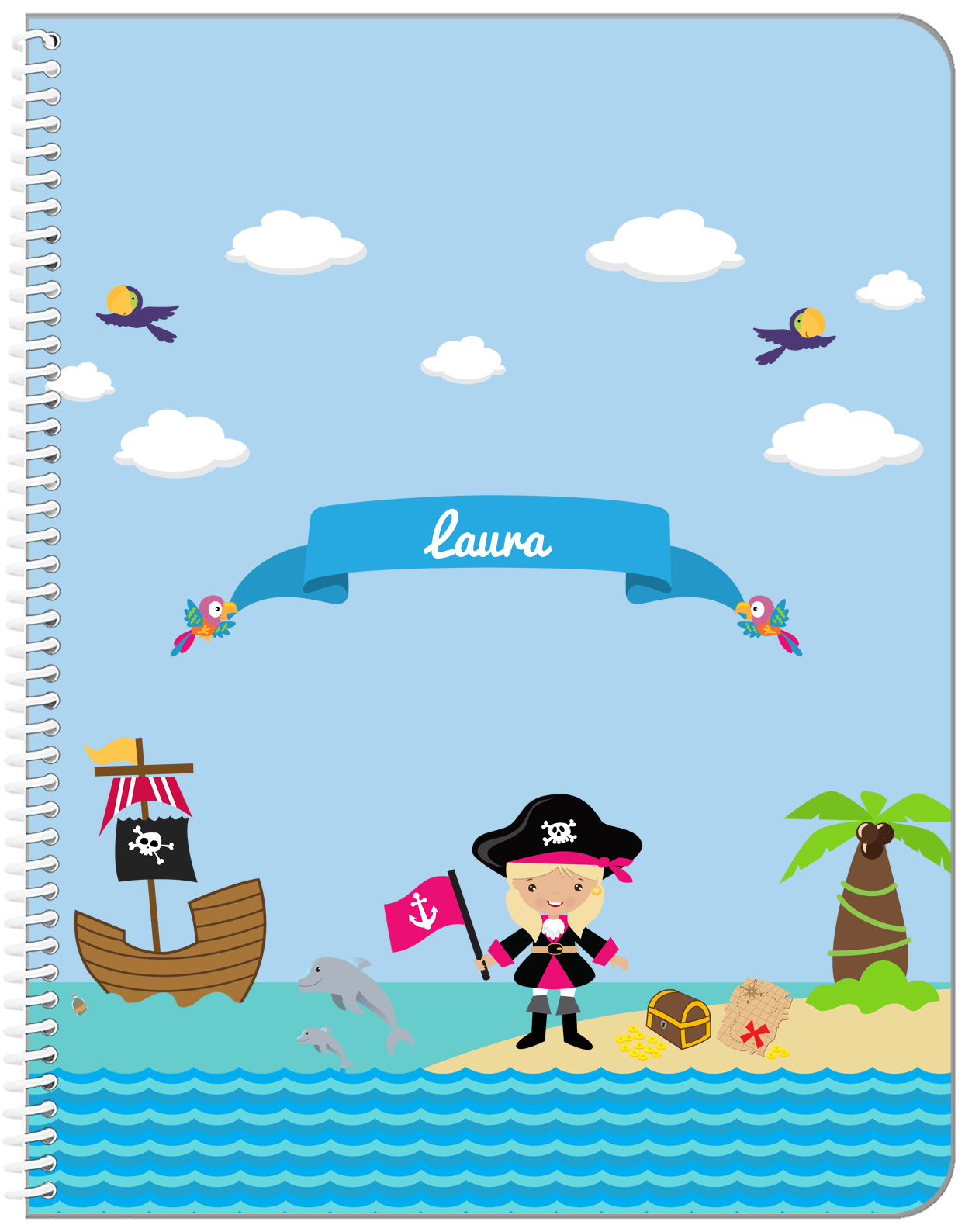 Personalized Pirate Notebook I - Girl Pirate with Flag - Blonde Girl - Front View