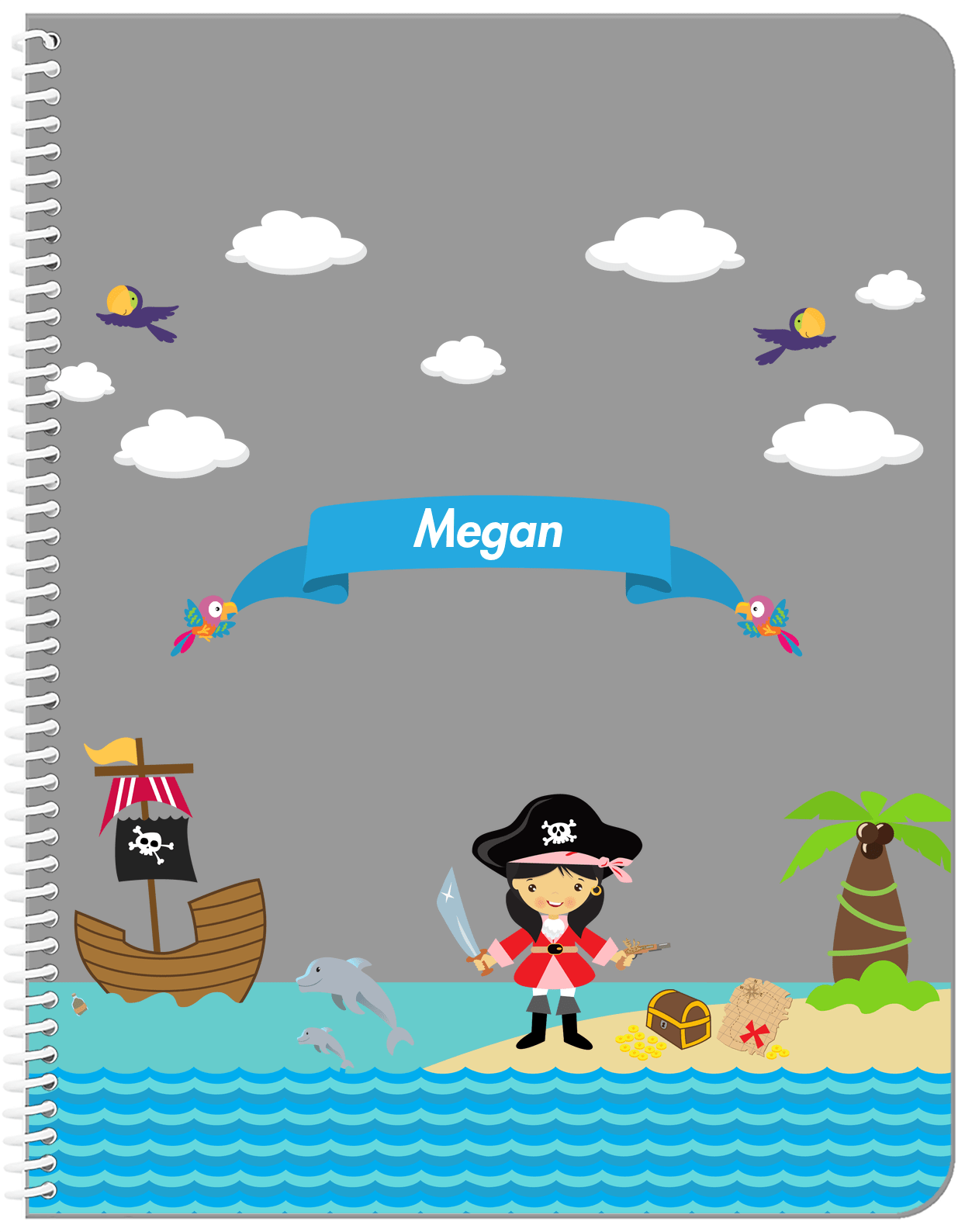 Personalized Pirate Notebook II - Girl Pirate with Sword - Asian Girl - Front View