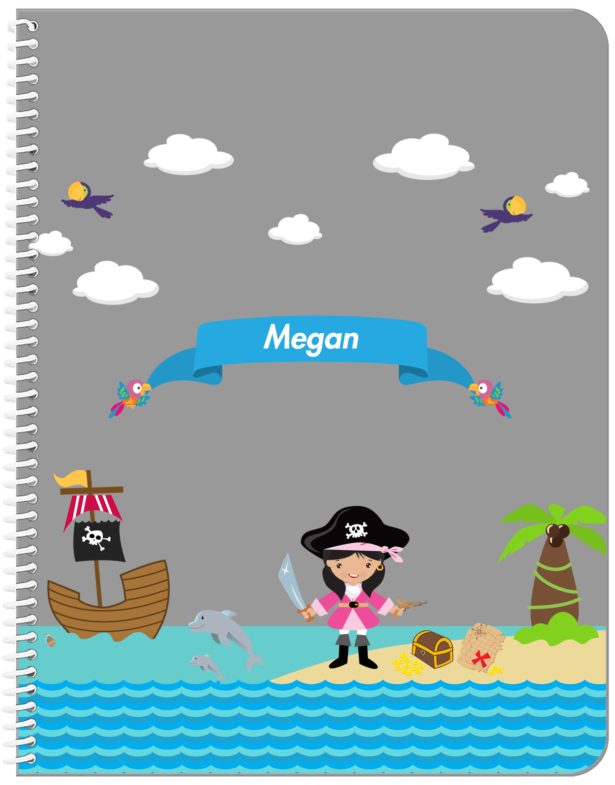 Personalized Pirate Notebook II - Girl Pirate with Sword - Black Hair Girl - Front View