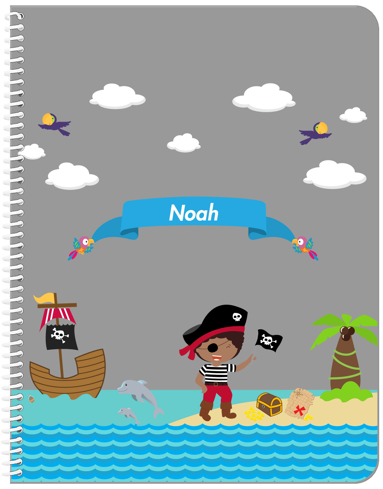 Personalized Pirate Notebook III - Boy Pirate with Flag - Black Boy - Front View