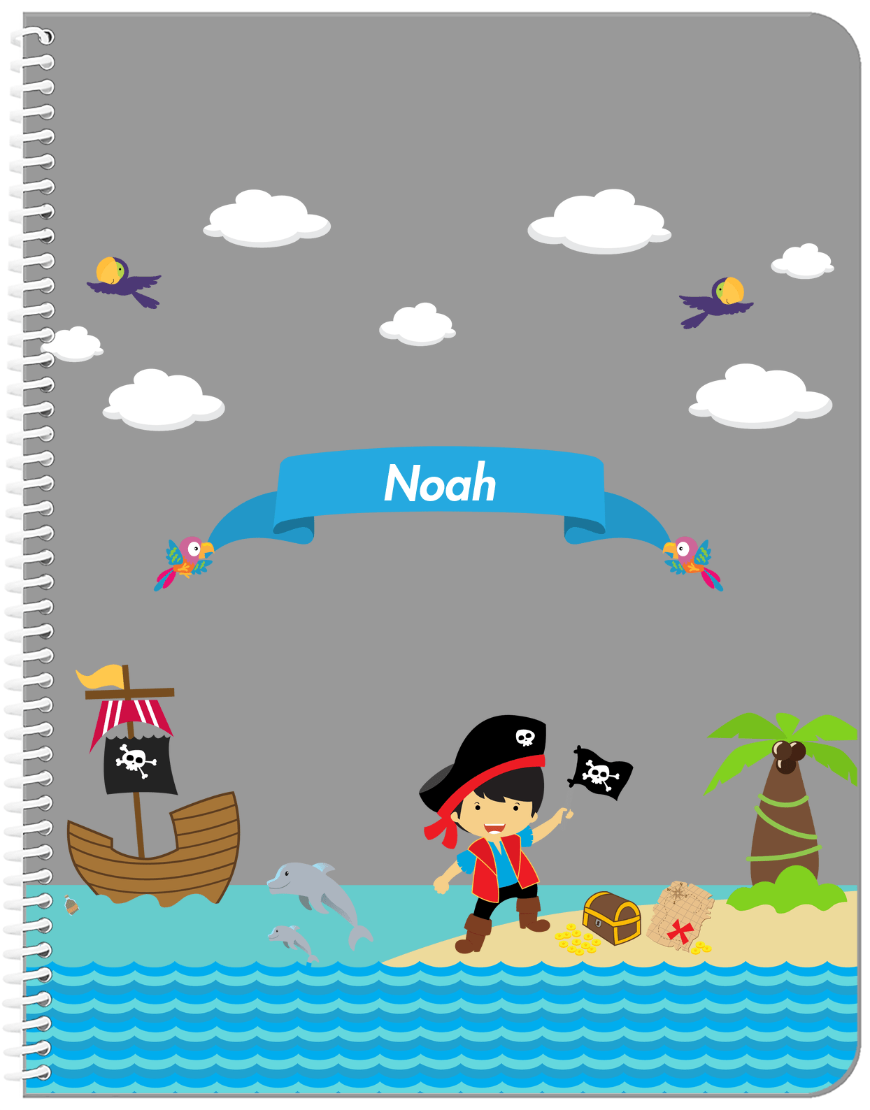 Personalized Pirate Notebook III - Boy Pirate with Flag - Asian Boy - Front View