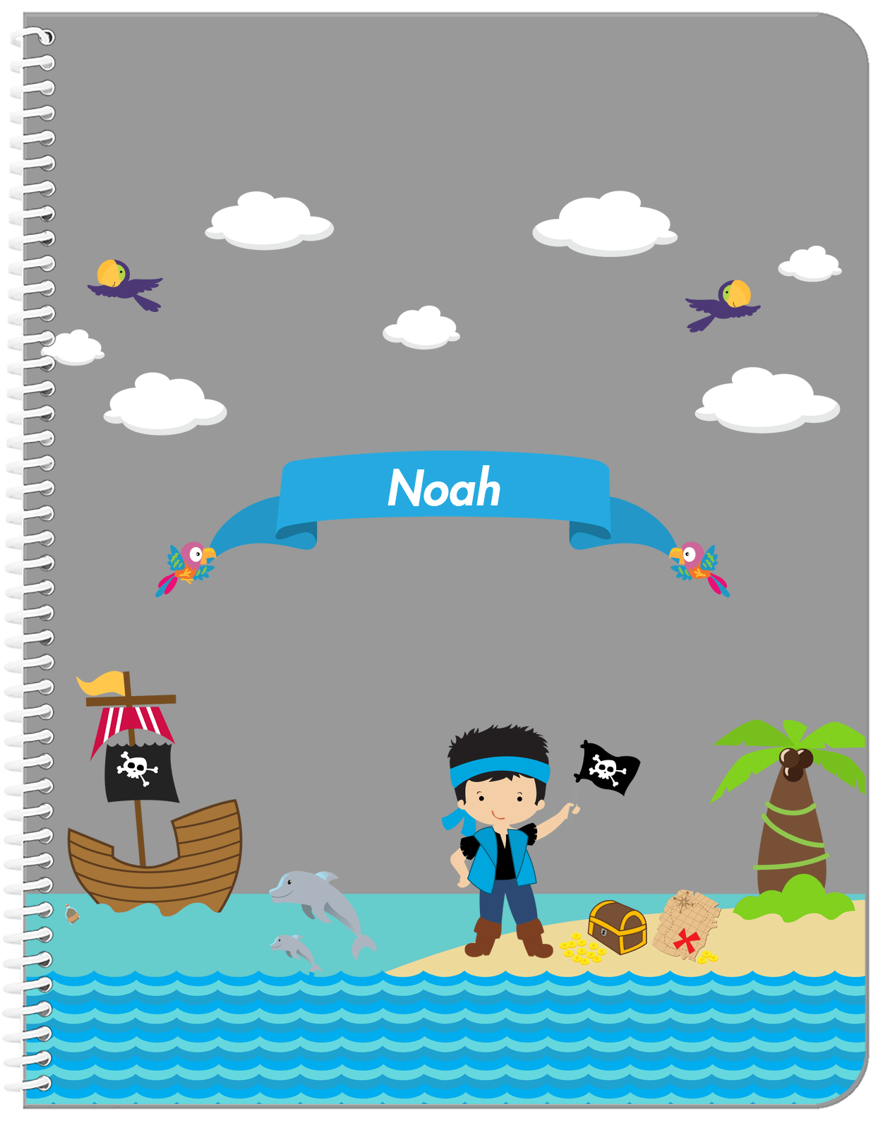 Personalized Pirate Notebook III - Boy Pirate with Flag - Black Hair Boy - Front View