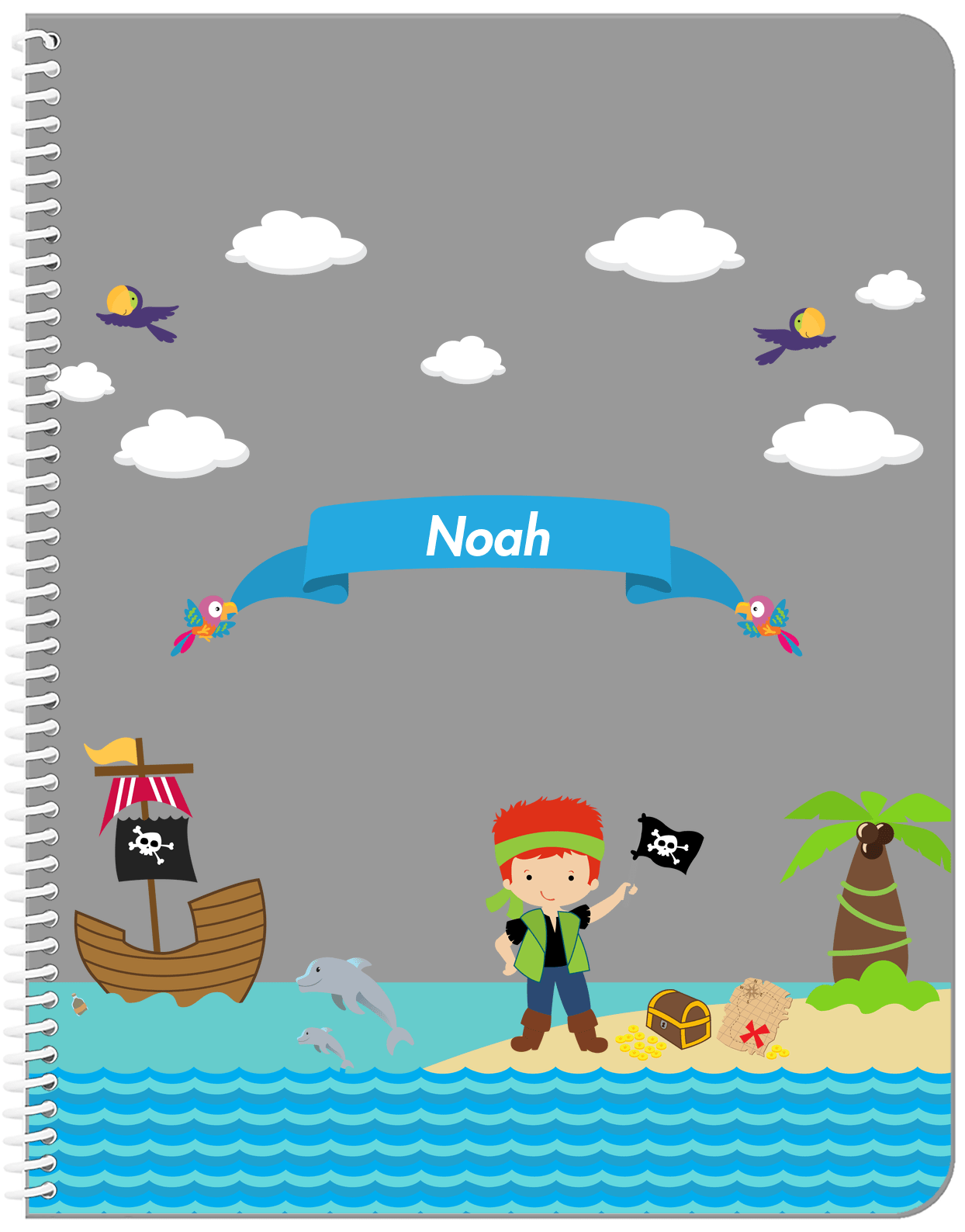 Personalized Pirate Notebook III - Boy Pirate with Flag - Redhead Boy - Front View