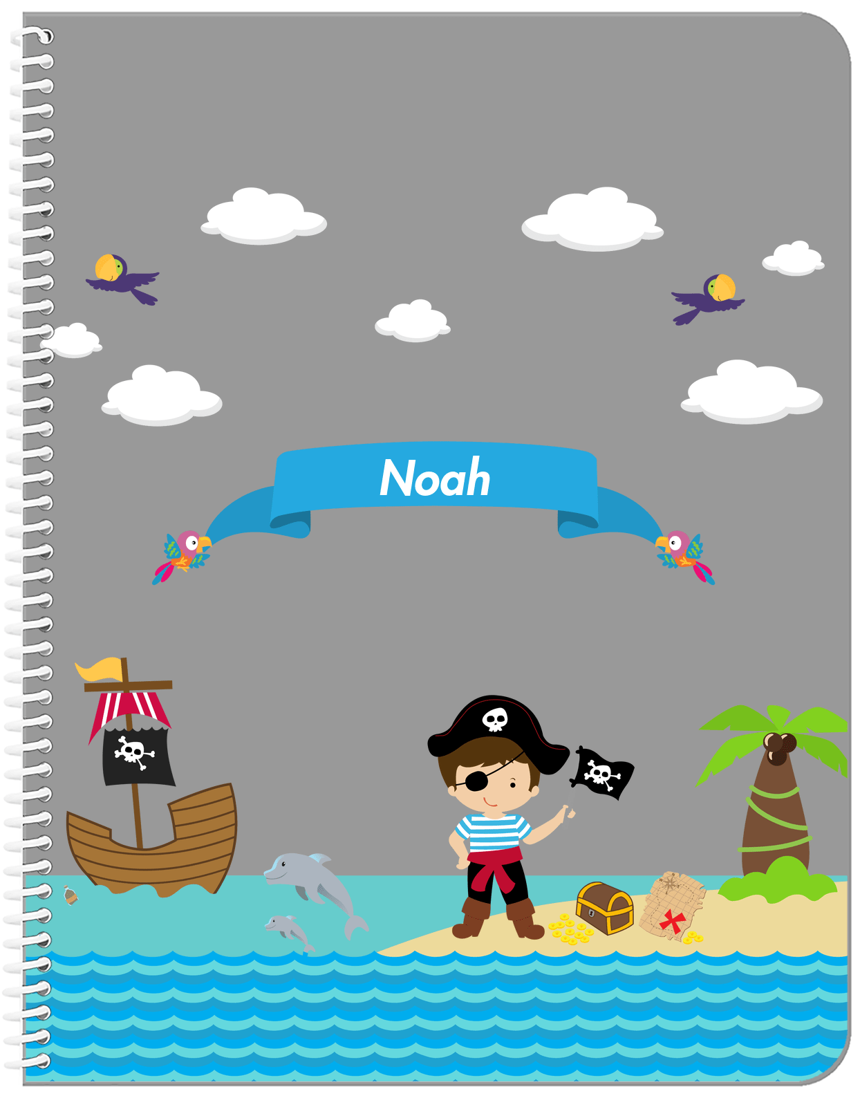 Personalized Pirate Notebook III - Boy Pirate with Flag - Brown Hair Boy - Front View