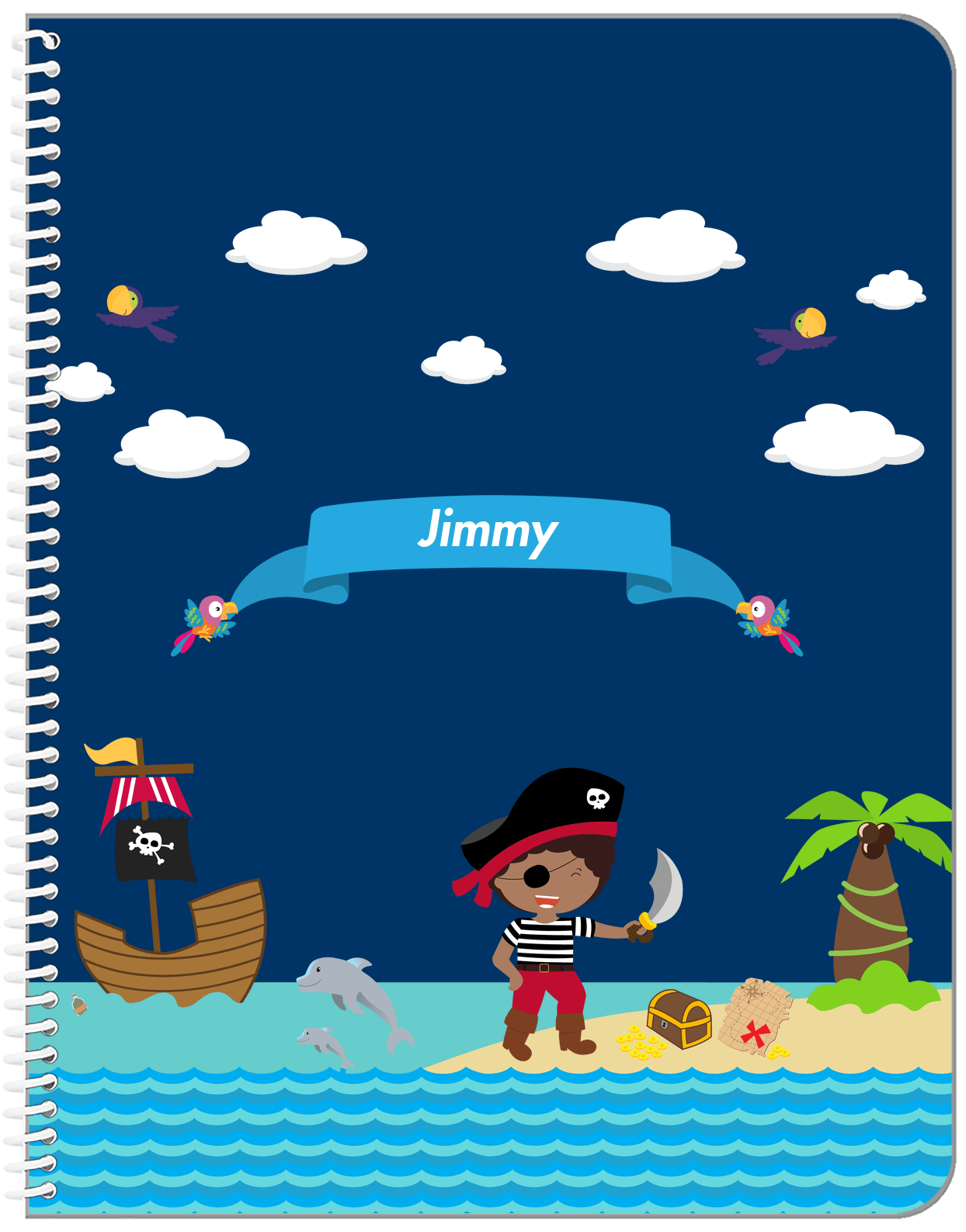 Personalized Pirate Notebook IV - Boy Pirate with Sword - Black Boy - Front View