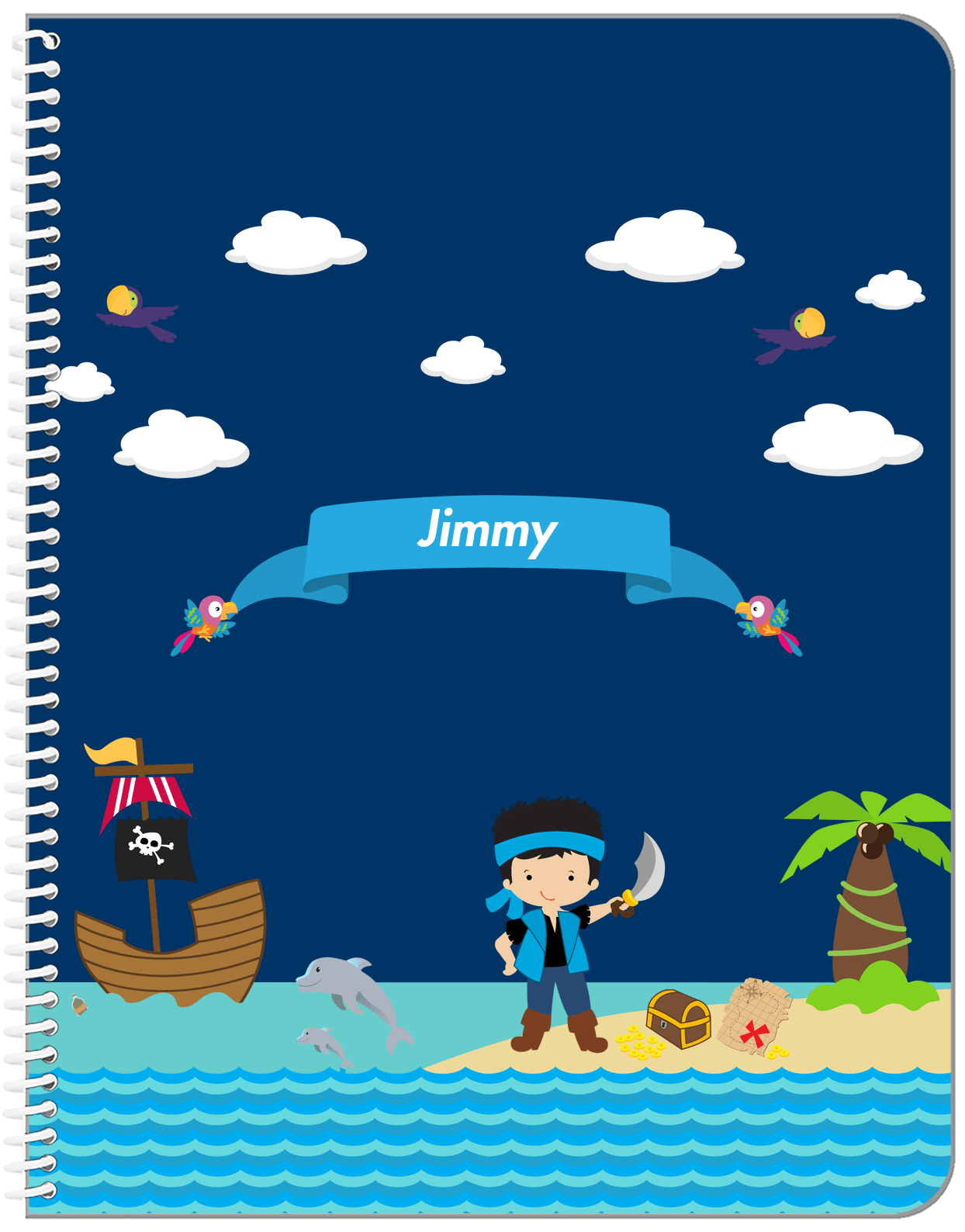 Personalized Pirate Notebook IV - Boy Pirate with Sword - Black Hair Boy - Front View